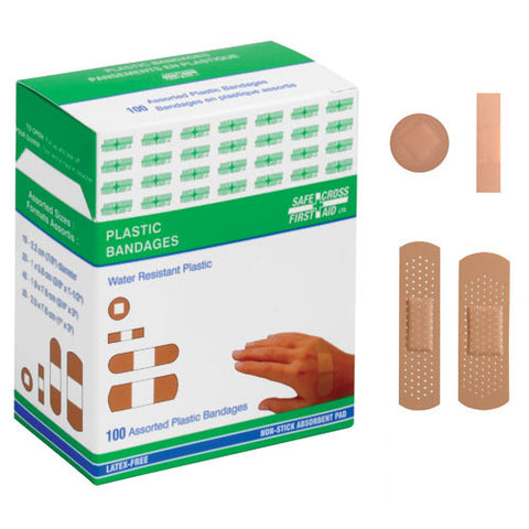 Plastic Bandages, Assorted Sizes, 100/Box